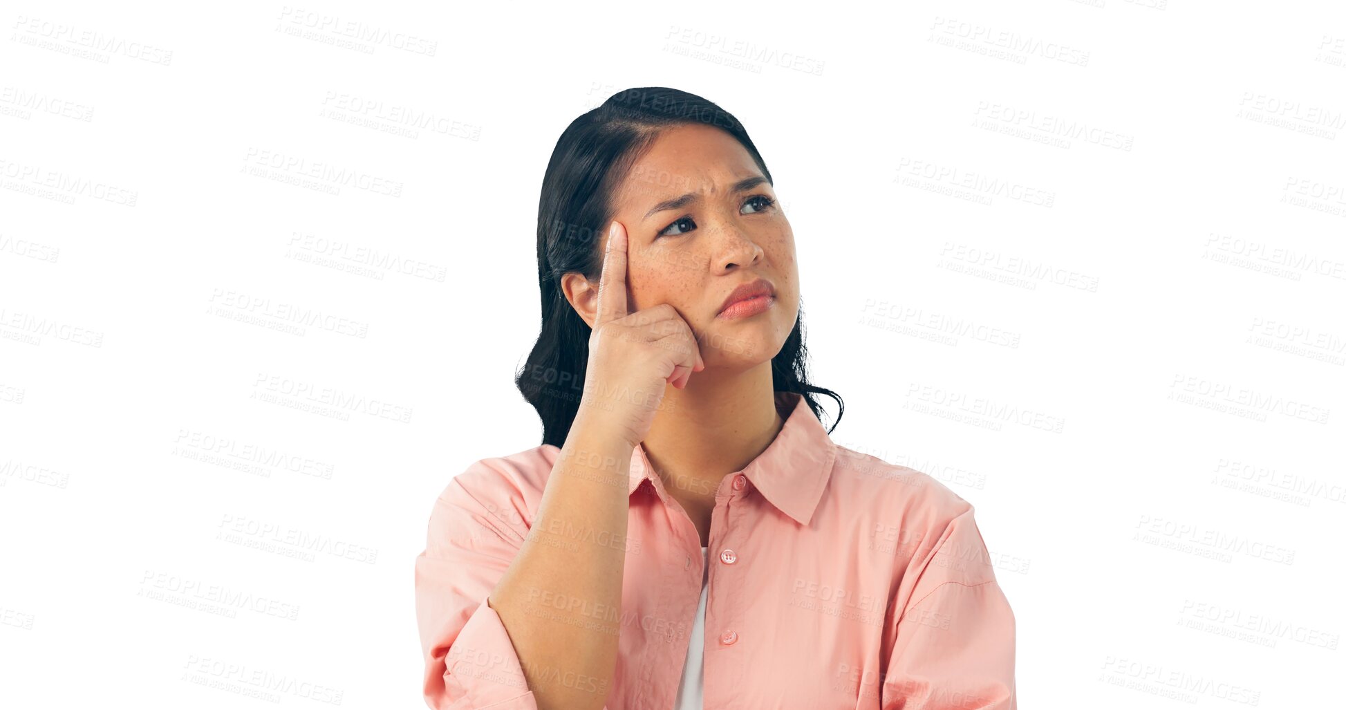 Buy stock photo Thinking, idea and confused woman planning, problem solving or decision isolated on a transparent png background. Doubt, choice and serious Asian person with vision, brainstorming or remember memory