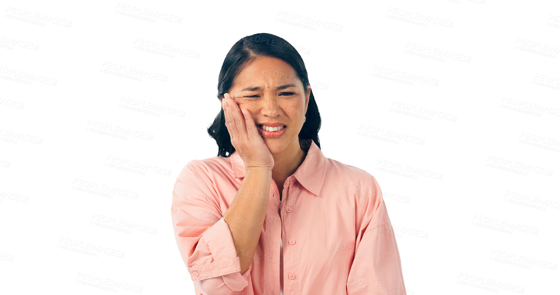 Buy stock photo Woman, toothache and frustrated with pain for dental help or gum disease or sore, inflammation or injury. Asian person, hand and teeth or isolated transparent png background, healthcare or unhappy