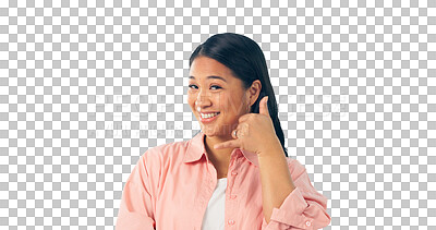 Buy stock photo Call me, smile and portrait of woman with hand signal for communication, chat or telephone conversation. Happy, asian model and phone gesture for contact on isolated, transparent and png background