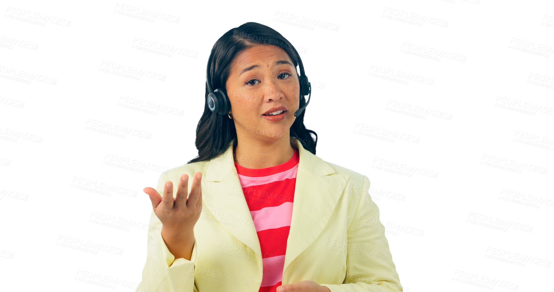 Buy stock photo Customer support, business and portrait of Asian woman for consulting service, contact and communication. Call center, telemarketing and person talking on isolated, png and transparent background