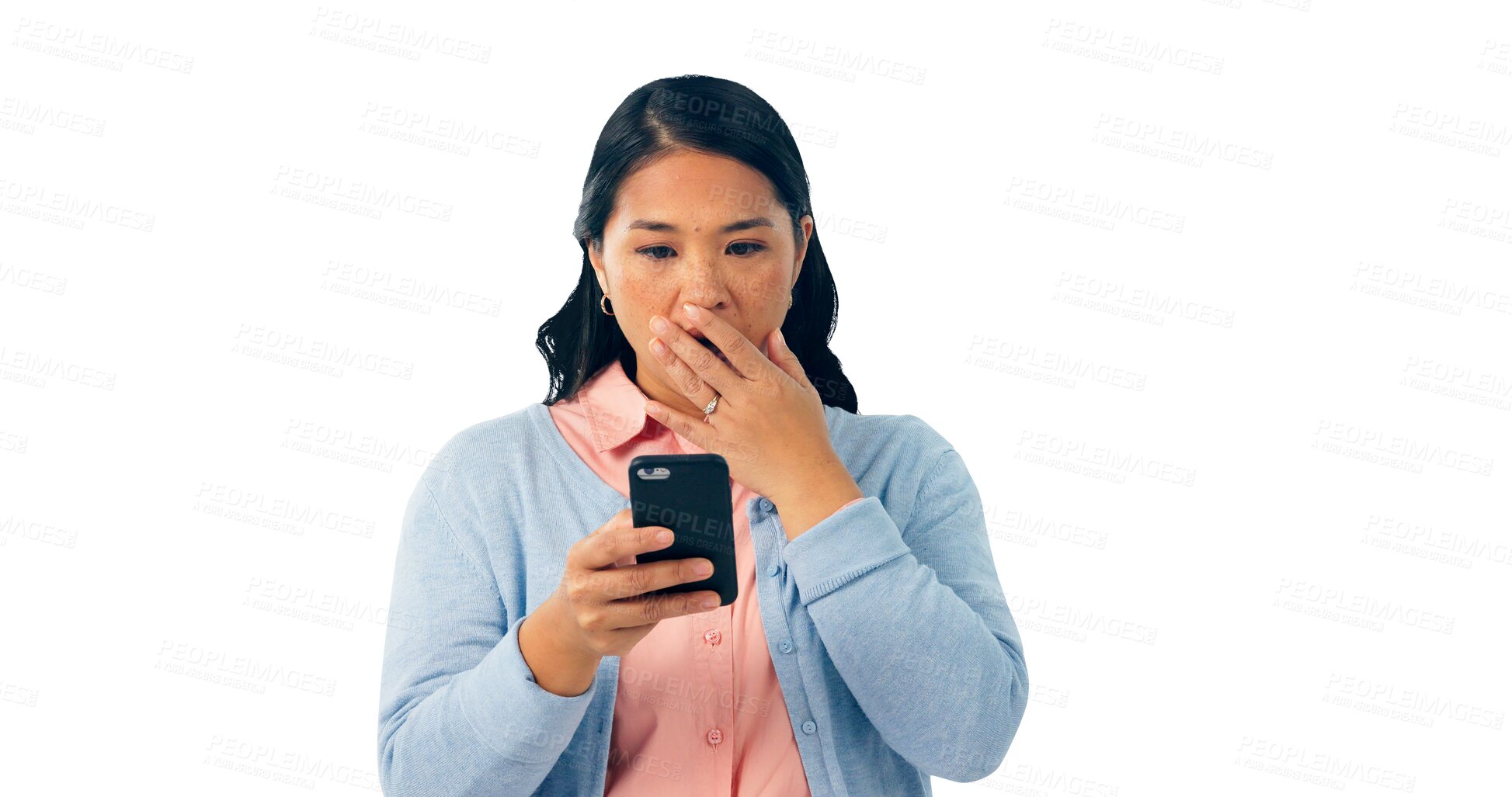 Buy stock photo Woman, shocked and reading fake news on cellphone, alarm and message of subscription to online scam. Japanese lady, surprise and notification on mobile app and isolated on transparent png background