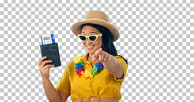 Buy stock photo Woman, pointing at you and passport for travel, plane ticket and choice isolated on png transparent background. Asian tourist, happy with selection or invitation with documents for summer vacation