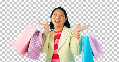 Buy stock photo Woman, portrait and shopping bag for discount, sale and retail giveaway or competition success. Asian female person, customer and win or celebration, deal and isolated and transparent png background 