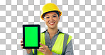 Engineering woman, tablet green screen and presentation for renovation, architecture or design in studio. Portrait, construction worker or asian person and digital mockup isolated on white background