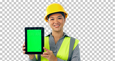 Buy stock photo Portrait, woman and construction with green screen on tablet with smile and marketing on isolated, transparent png background. Mockup space, information, ideas and building for architecture plan