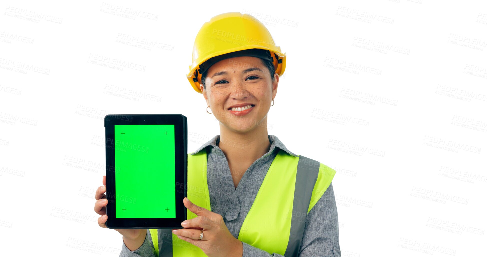 Buy stock photo Portrait, woman and construction with green screen on tablet with smile and marketing on isolated, transparent png background. Mockup space, information, ideas and building for architecture plan