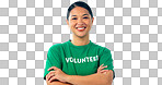 Portrait, woman or charity volunteer in studio with arms crossed for community service, earth day or help non profit. Asian ngo worker smile for donation to support climate change on white background