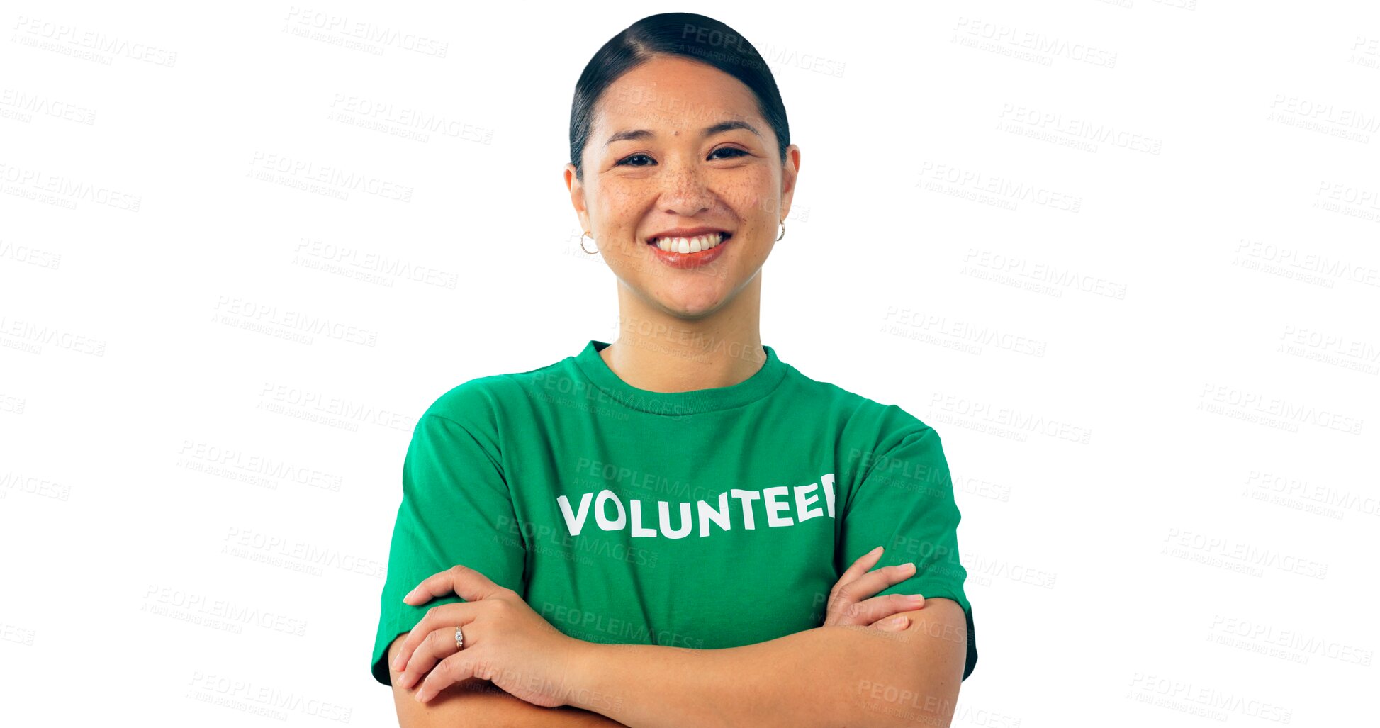 Buy stock photo Woman, arms crossed and volunteer in portrait for charity, sustainability and climate isolated on png transparent background. Asian, smile and help at NGO for eco, nonprofit and social responsibility