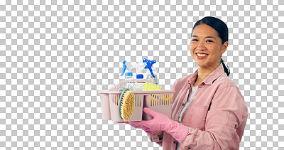 Buy stock photo Woman, smile and portrait with cleaning supplies for maintenance, service and hygiene. Asian person, face and container with product for dirt disinfection on isolated, transparent and png background