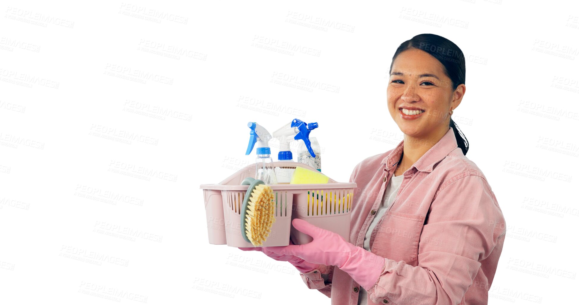 Buy stock photo Woman, smile and portrait with cleaning supplies for maintenance, service and hygiene. Asian person, face and container with product for dirt disinfection on isolated, transparent and png background