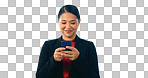 Asian lawyer woman, phone and studio with smile, reading and texting client with news by white background. Japanese advocate, attorney or corporate legal expert with smartphone, typing and networking