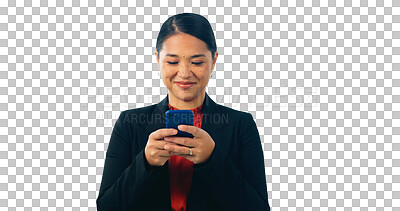 Buy stock photo Woman, reading or typing with phone, smile or business suit on isolated transparent png background. Female public relations specialist, communication consultant or social media manager with cellphone