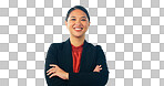 Happy, crossed arms and portrait of business Asian woman in studio for career, job and work. Corporate, professional and face of isolated worker with smile, confidence and pride on white background
