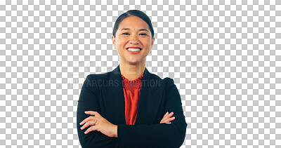 Buy stock photo Asian, business woman and arms crossed in portrait for corporate career isolated on png transparent background. Professional, consultant at Japanese consultancy agency and confidence with pride
