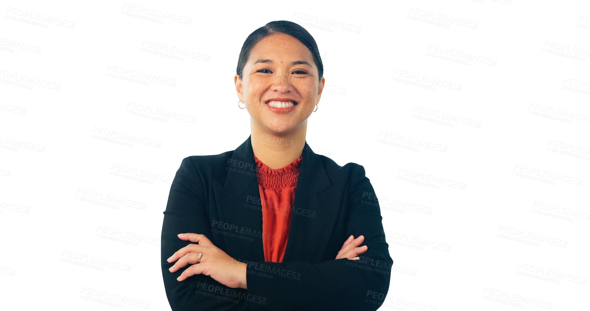 Buy stock photo Asian, business woman and arms crossed in portrait for corporate career isolated on png transparent background. Professional, consultant at Japanese consultancy agency and confidence with pride