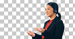Call center, space and woman in studio for customer service, FAQ support or IT questions on mockup white background. Happy asian telemarketing consultant, assistant or microphone for telecom advisory