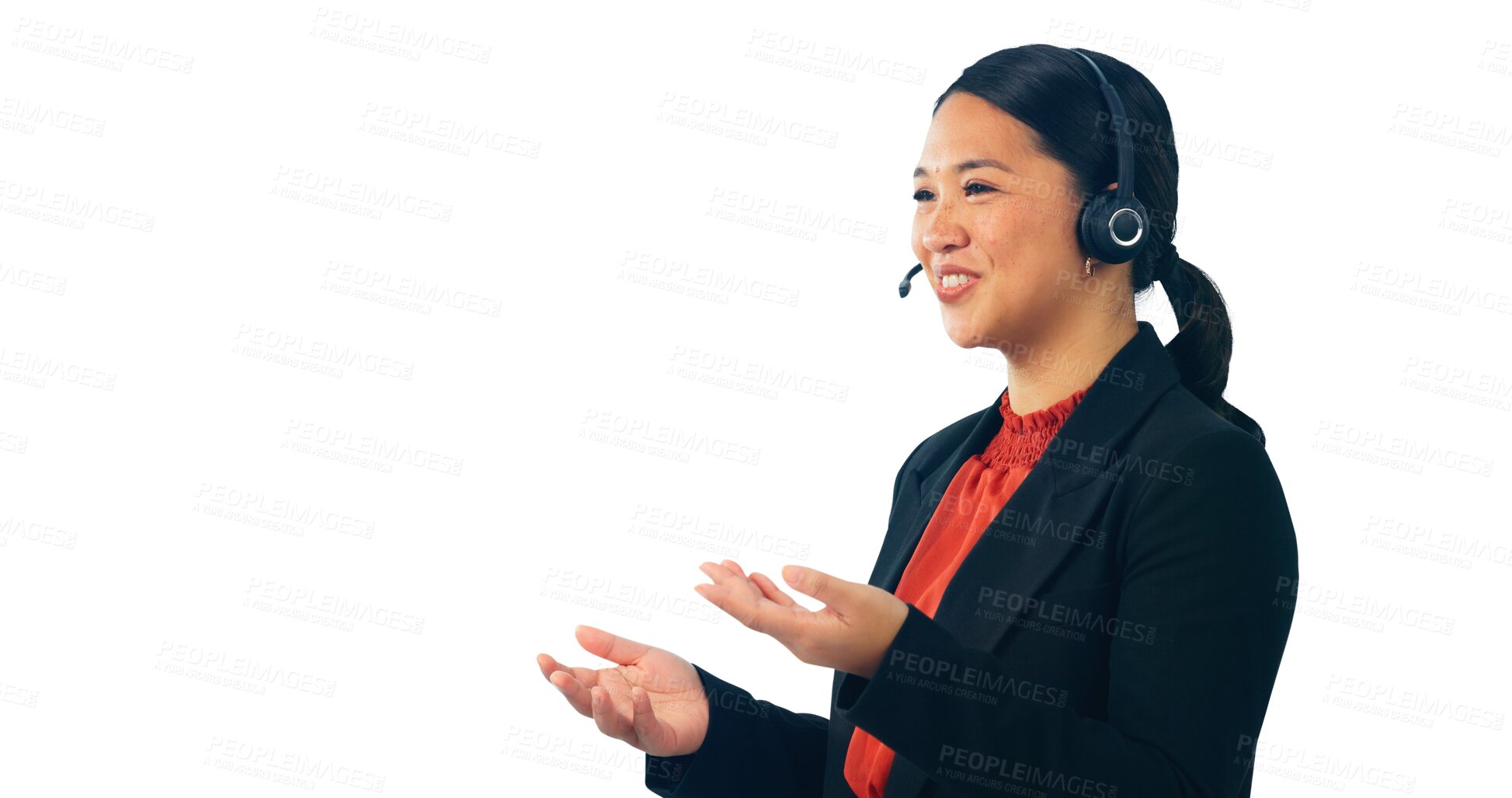 Buy stock photo Customer support, business and happy Asian woman for consulting service, contact and communication. Call center, telemarketing and person with headset on isolated, png and transparent background