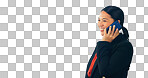 Business woman, phone call and happy communication for networking in human resources on studio banner or mockup. Employee talking on mobile or voip chat for opportunity isolated on a white background