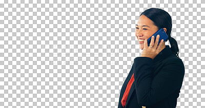 Buy stock photo Corporate woman, phone call and happy in conversation, networking with clients on isolated, transparent png background. Business chat, cellphone and satisfied with feedback, growth and progress.