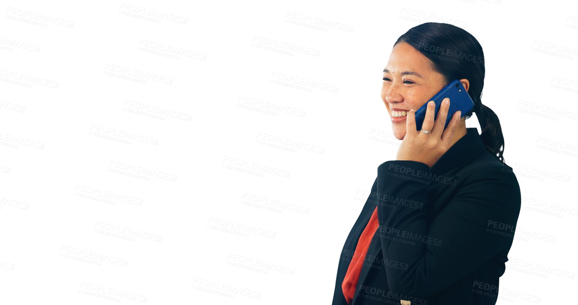 Buy stock photo Corporate woman, phone call and happy in conversation, networking with clients on isolated, transparent png background. Business chat, cellphone and satisfied with feedback, growth and progress.