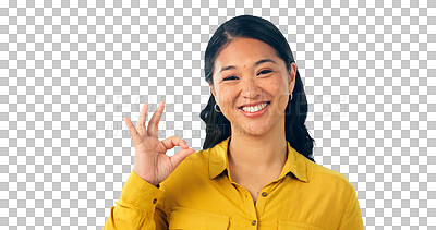 Buy stock photo Happy portrait, ok sign and asian woman in agreement or support, satisfaction and success for perfect job. Japanese model, face and yes gesture or like and isolated on a transparent png background