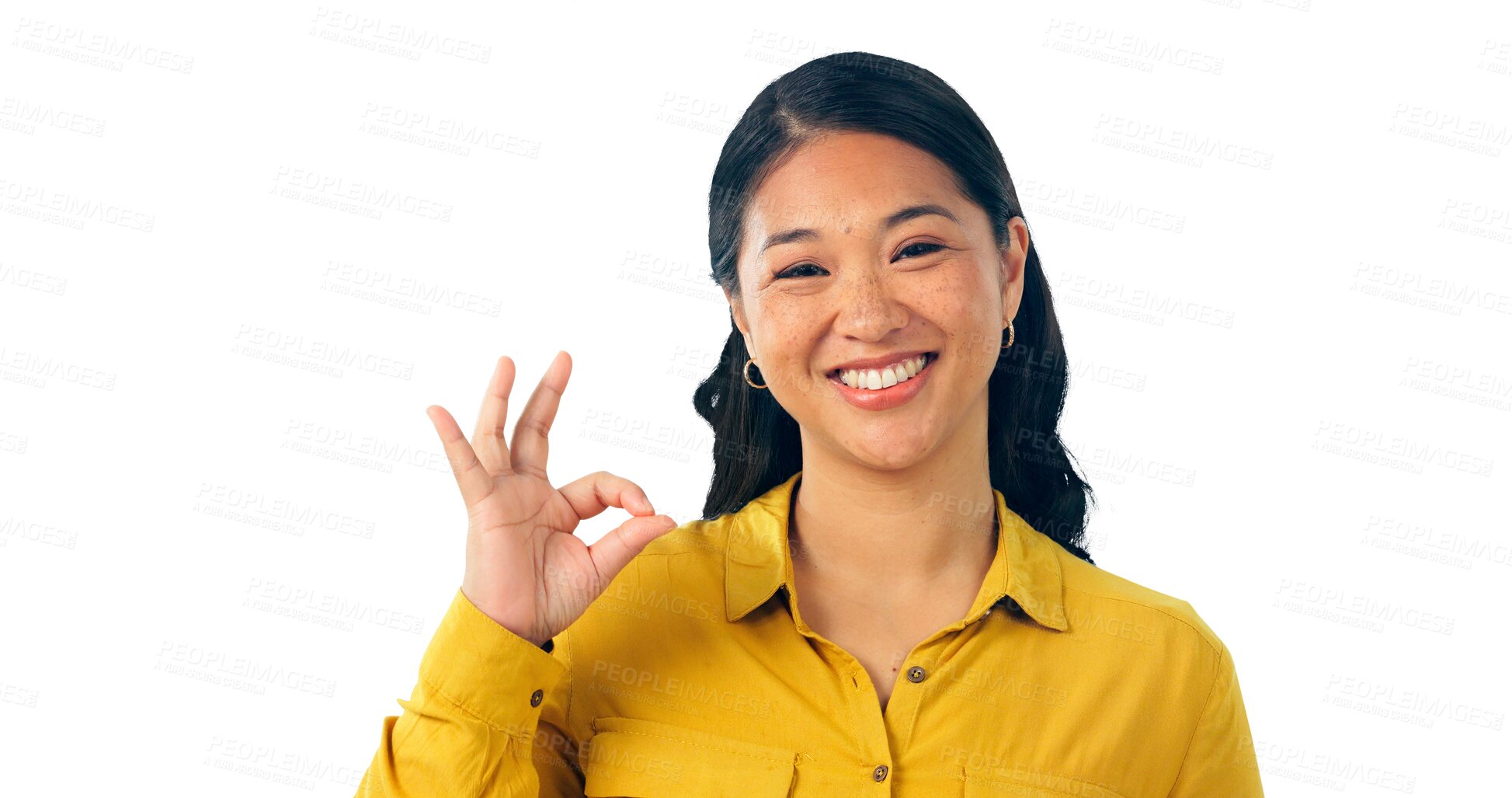 Buy stock photo Happy portrait, ok sign and asian woman in agreement or support, satisfaction and success for perfect job. Japanese model, face and yes gesture or like and isolated on a transparent png background