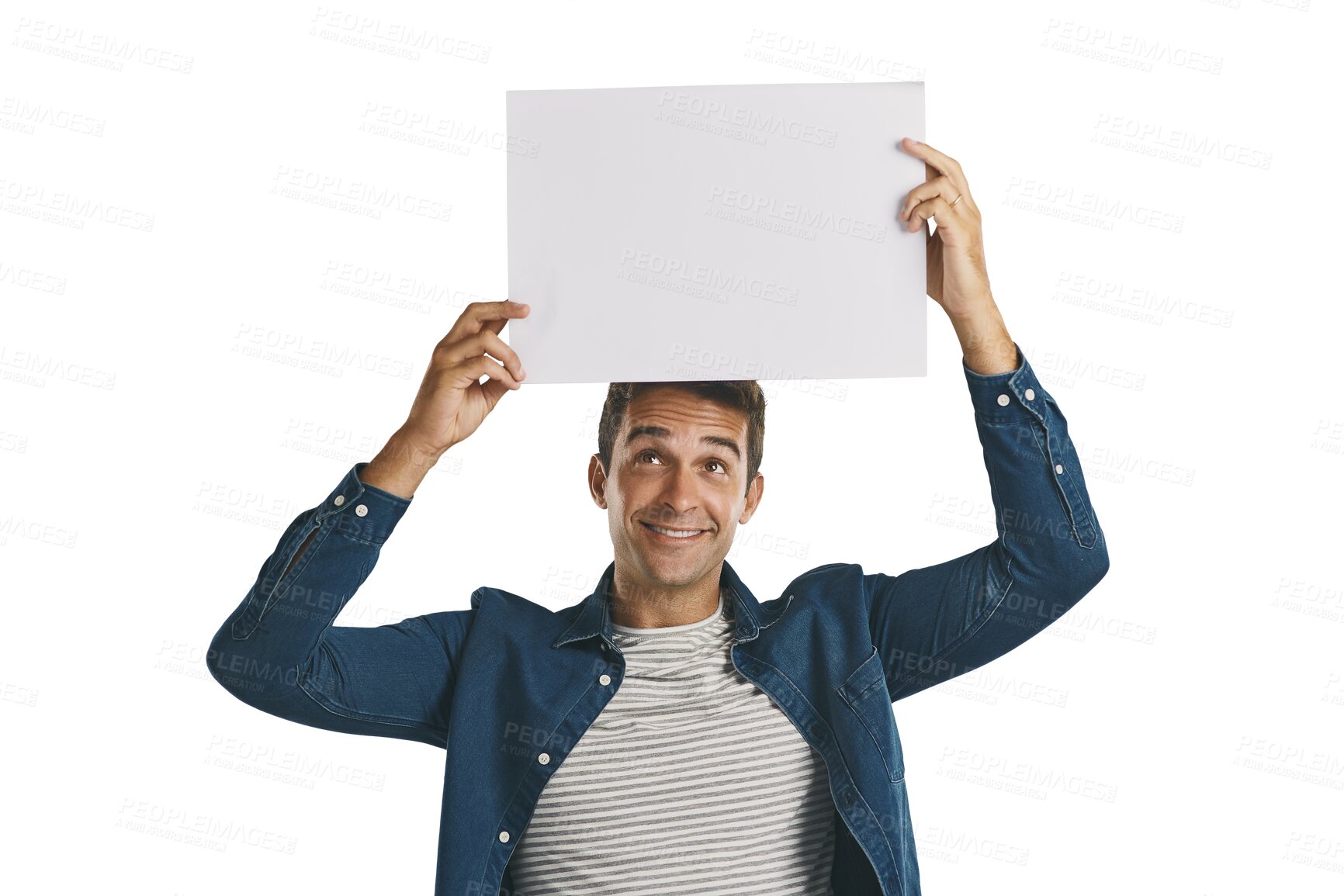 Buy stock photo Smile, announcement and man with blank poster on deal promotion isolated on transparent png background. News, presentation and happy person showing offer on paper, sign or billboard with mockup space