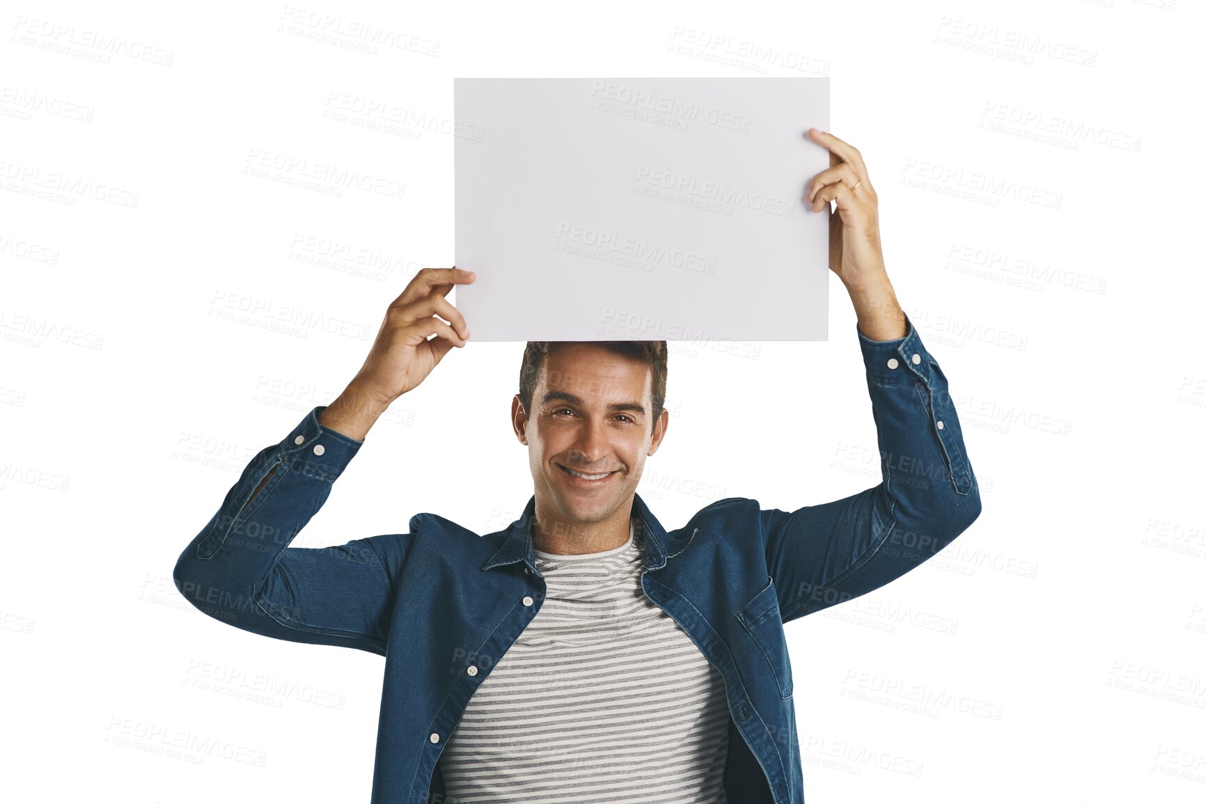 Buy stock photo Portrait, announcement and happy man with blank poster on deal promotion isolated on transparent png background. News, presentation and guy showing offer on paper, sign or billboard with mockup space