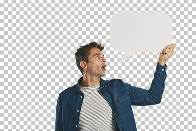 Buy stock photo Speech bubble, opinion and man with blank poster message isolated on transparent png background. News, social media comment and guy showing vote notification on paper, sign or billboard with mockup.