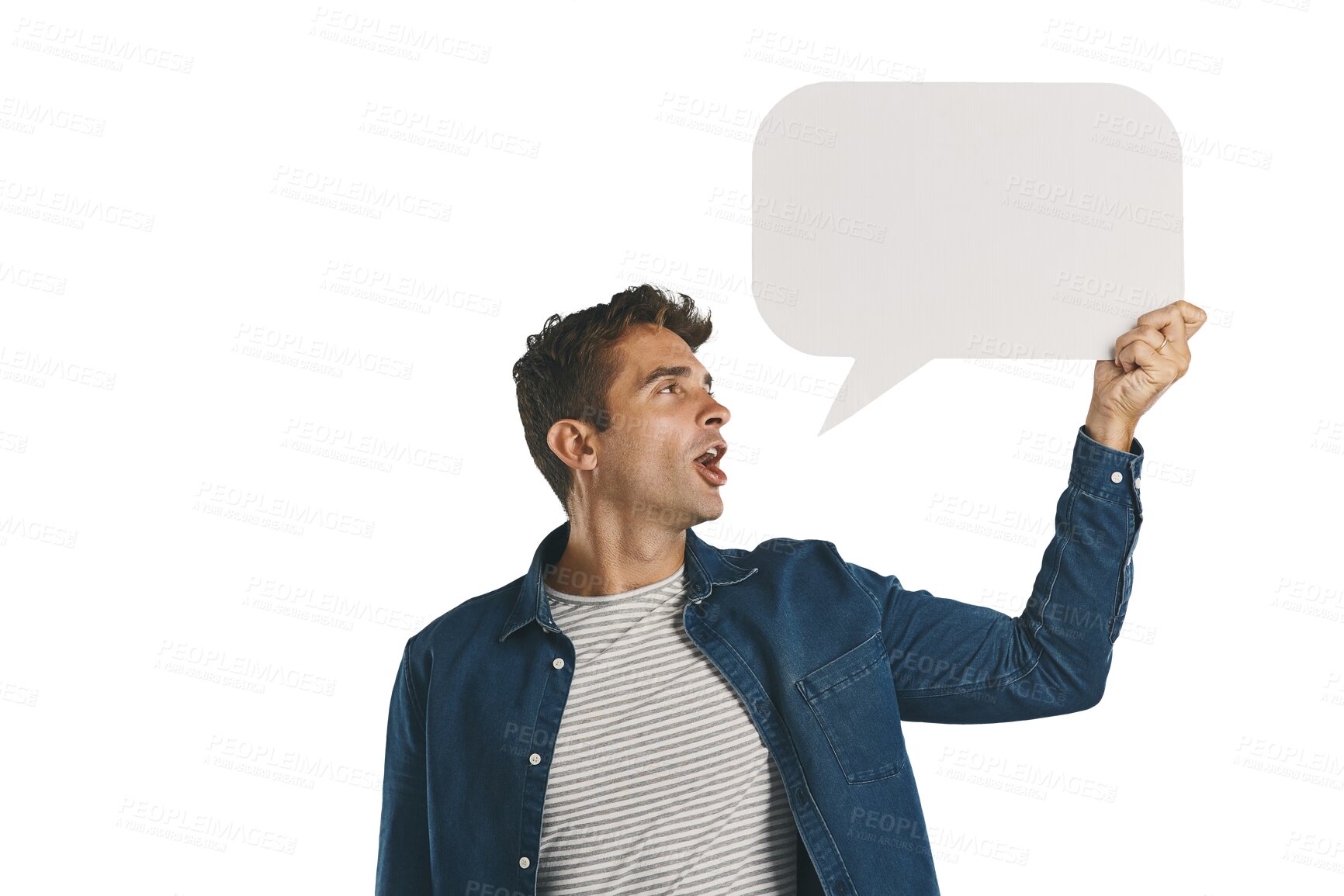 Buy stock photo Speech bubble, opinion and man with blank poster message isolated on transparent png background. News, social media comment and guy showing vote notification on paper, sign or billboard with mockup.