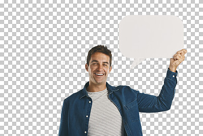 Buy stock photo Portrait, notification and man with blank poster on promotion isolated on transparent png background. News, social media like and happy person showing offer on paper, sign or billboard with mockup