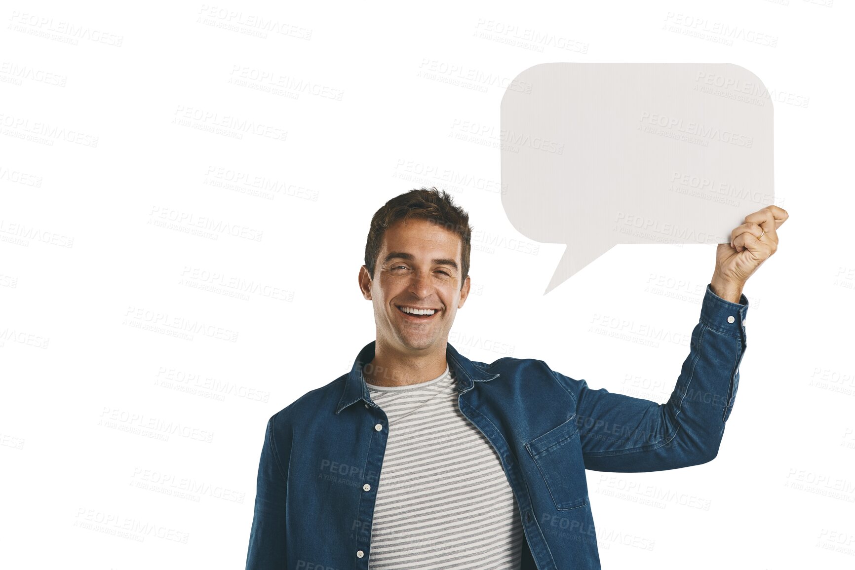 Buy stock photo Portrait, notification and man with blank poster on promotion isolated on transparent png background. News, social media like and happy person showing offer on paper, sign or billboard with mockup