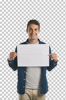 Buy stock photo Smile, mockup and man with poster for advertising board, promotion sign or billboard for marketing. Happy, male person and paper banner for portrait on isolated, transparent and png background