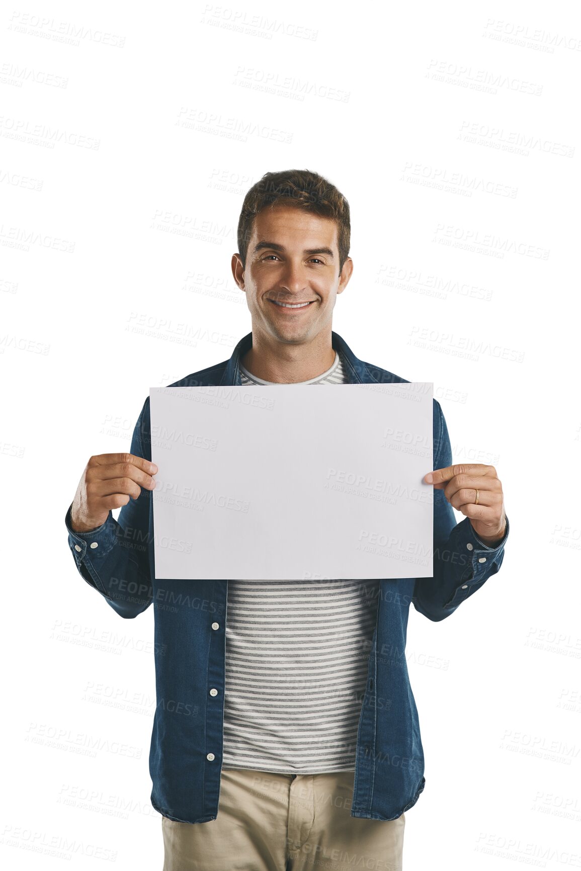 Buy stock photo Smile, mockup and man with poster for advertising board, promotion sign or billboard for marketing. Happy, male person and paper banner for portrait on isolated, transparent and png background