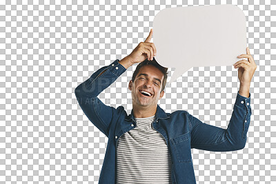 Buy stock photo Portrait, opinion and man with blank speech bubble message isolated on transparent png background. Like, subscribe or social media comment with guy showing vote, announcement or notification on paper