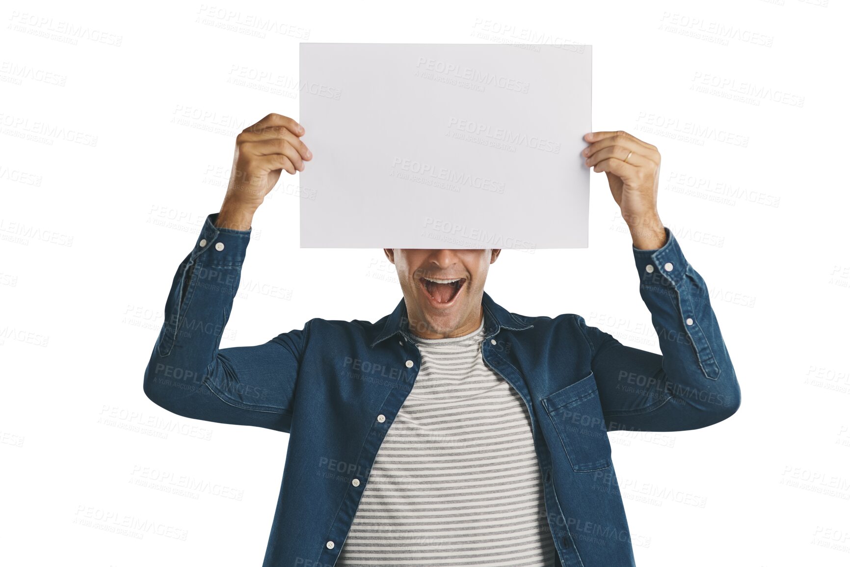 Buy stock photo Man, hiding and billboard poster for advertising with mock up, marketing space and information for advertisement. Person, placard promotion or show announcement isolated on png transparent background