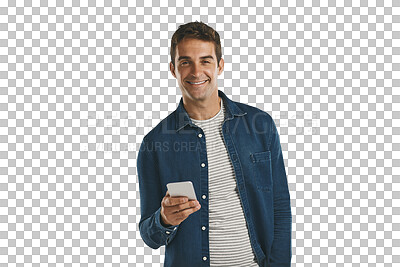Buy stock photo Man, tech and phone for portrait, isolated and png background with cellphone in hand. Male model, outfit and denim jacket with smile, mobile and confident in smartphone for update and text message