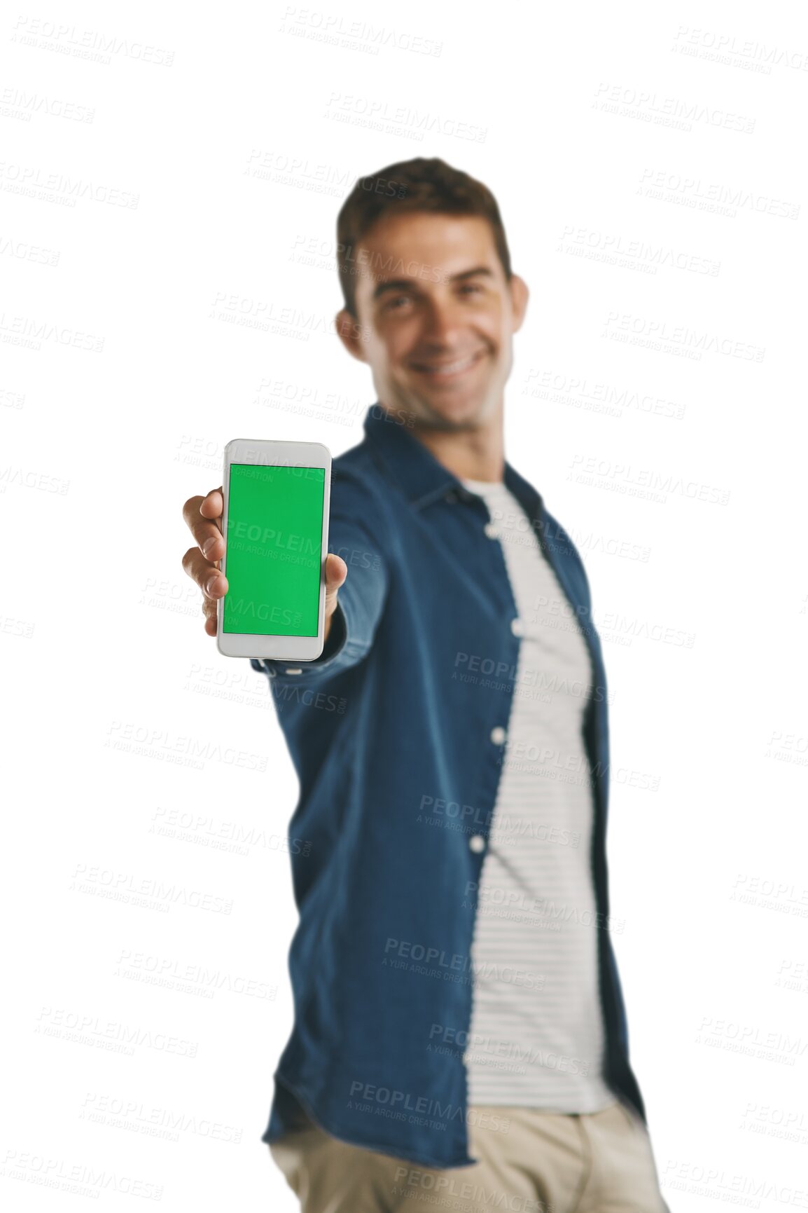 Buy stock photo Portrait, green screen and man show smartphone, hand and isolated on a transparent png background. Phone, chroma key and happy person with app for marketing, social media or mockup space on display