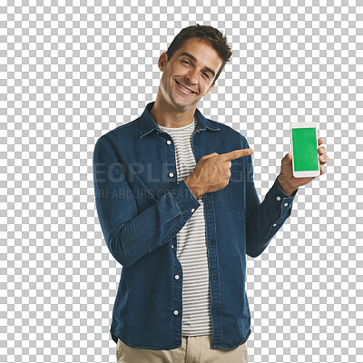 Buy stock photo Green screen, smile and man with phone in isolated background, png and transparent with technology. Person, pointing and happiness with mobile on hand, relax and app for texting and email or message