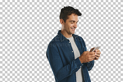 Buy stock photo Smile, phone and man typing on social media, internet or scroll website isolated on a transparent png background. Smartphone, mobile and happy person on app, technology and reading email notification