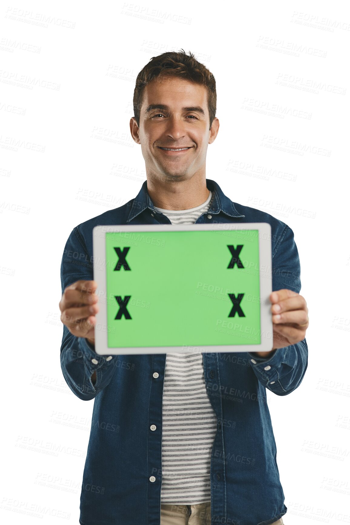 Buy stock photo Portrait, green screen and man show tablet, smile and isolated on a transparent png background. Digital technology, chroma key and person marketing, social media or mockup space with tracking markers