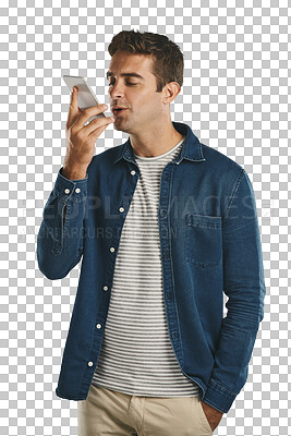 Buy stock photo Man, phone call and speaker communication for audio or voice message for networking, connection or sound. Male person, cellphone and chat on isolated transparent png background, speech or recording