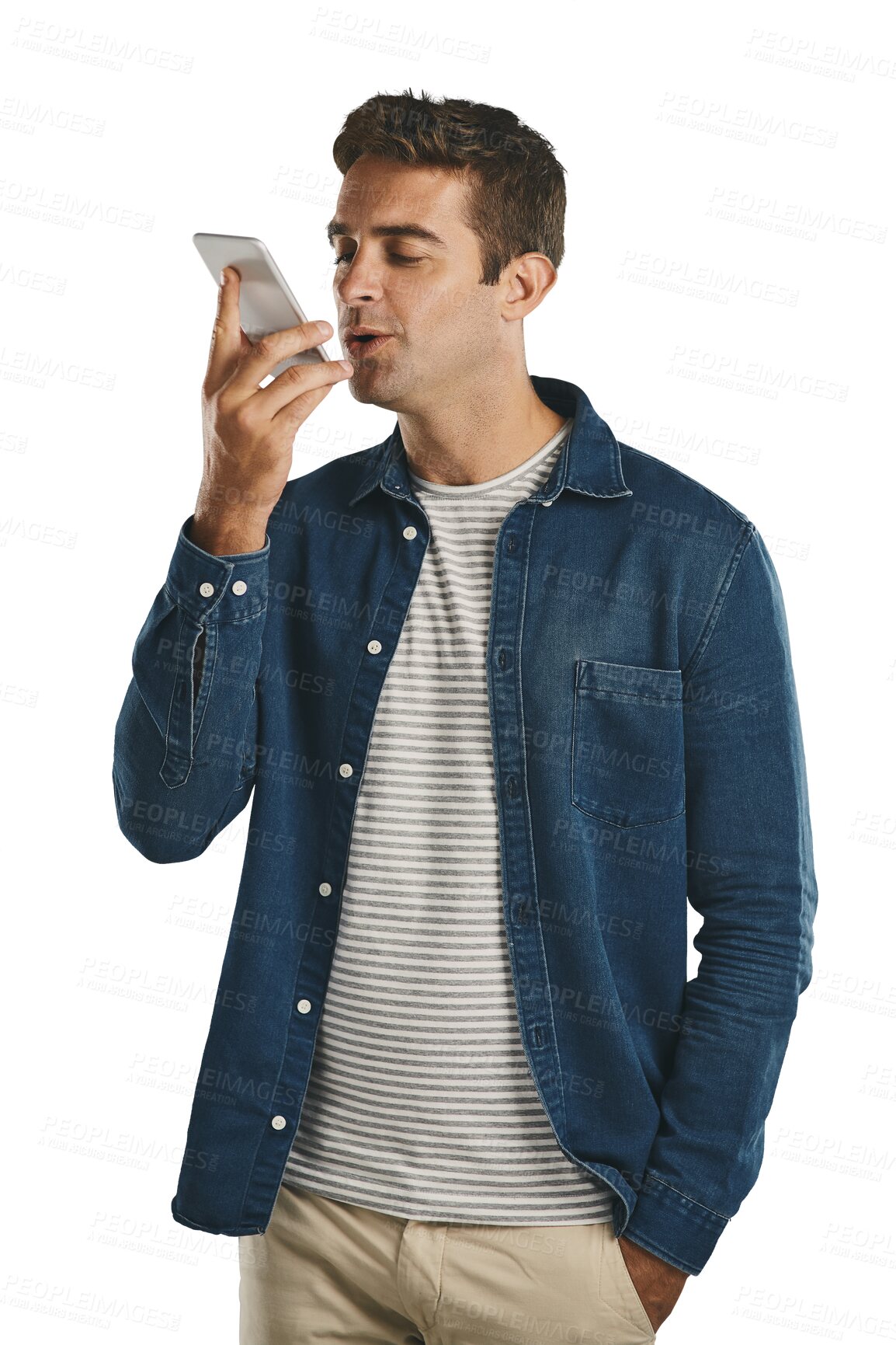 Buy stock photo Man, phone call and speaker communication for audio or voice message for networking, connection or sound. Male person, cellphone and chat on isolated transparent png background, speech or recording