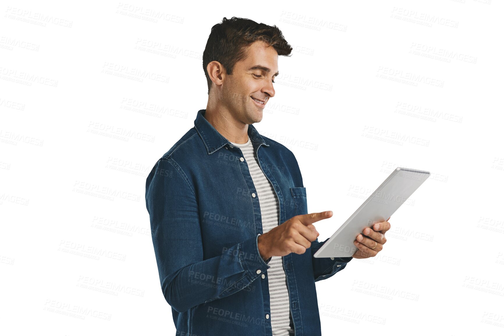Buy stock photo Happy, man and scroll online with tablet on social media in transparent, isolated or png background. Internet, streaming and person reading ebook, article or writing communication to contact