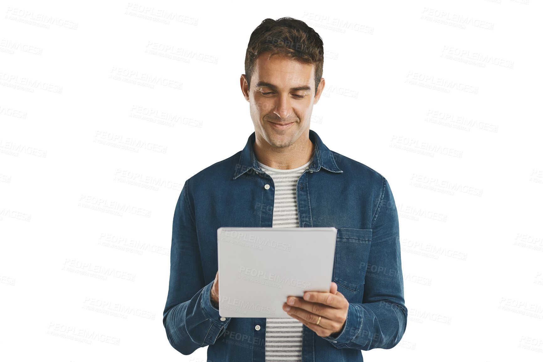 Buy stock photo Search, tablet and man on internet, scroll or social media isolated on transparent png background. Digital technology, typing or person on app, network or reading email notification on website online