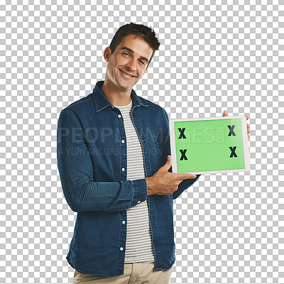 Buy stock photo Portrait, tablet and happy man with green screen, show or mockup space isolated on a transparent png background. Digital technology, chroma key or person advertising, social media or tracking markers