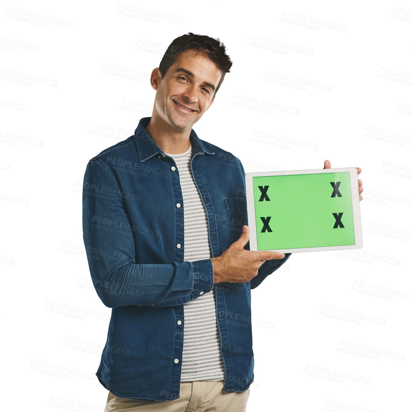 Buy stock photo Portrait, tablet and happy man with green screen, show or mockup space isolated on a transparent png background. Digital technology, chroma key or person advertising, social media or tracking markers