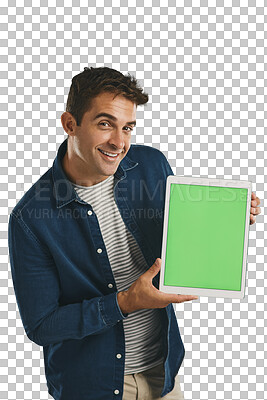 Buy stock photo Green screen, mockup and portrait of man with tablet for advertising, promotion or marketing. Happy, smile and male person with chroma key digital technology isolated by transparent png background.