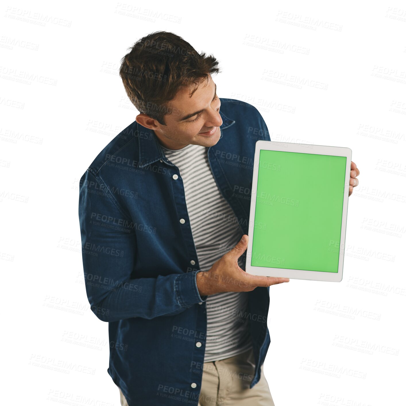 Buy stock photo Green screen, mockup and young man with tablet for advertising, promotion or marketing. Happy, smile and male person with chroma key digital technology for isolated by transparent png background.
