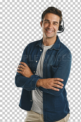 Buy stock photo Man, portrait and headset for telemarketing communication for customer service, support or assistance. Male person, face and confidence or isolated transparent png background, call center or advisor